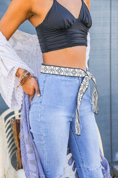 Woven Aztec Waist Tie Belt w/ Frayed Trim - Whimsical Appalachian Boutique