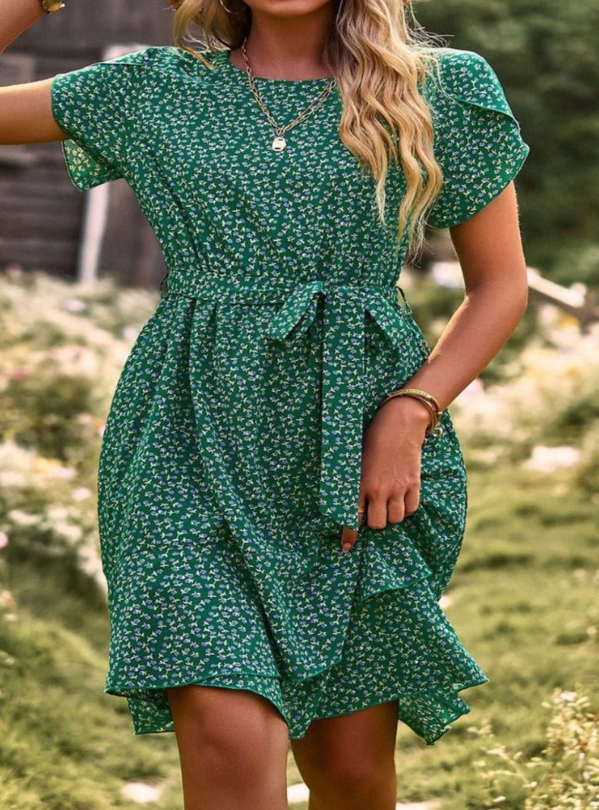 Belted Round Neck Petal Sleeve Mini Dress - Whimsical Appalachian Boutique