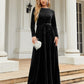 Black belted round neck velvet dress
