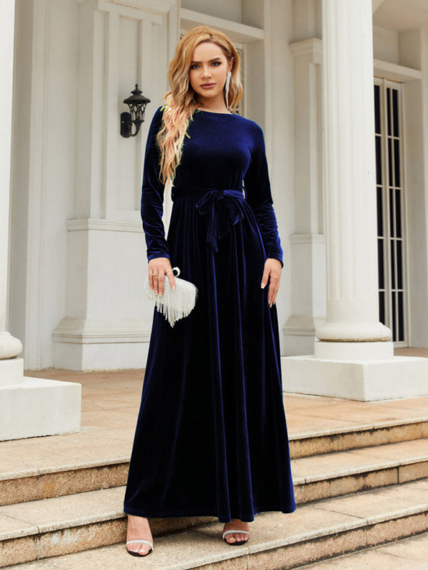 Blue belted round neck velvet dress
