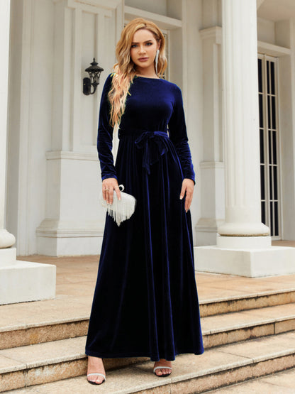 Blue belted round neck velvet dress
