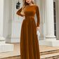 Brown belted round neck velvet dress
