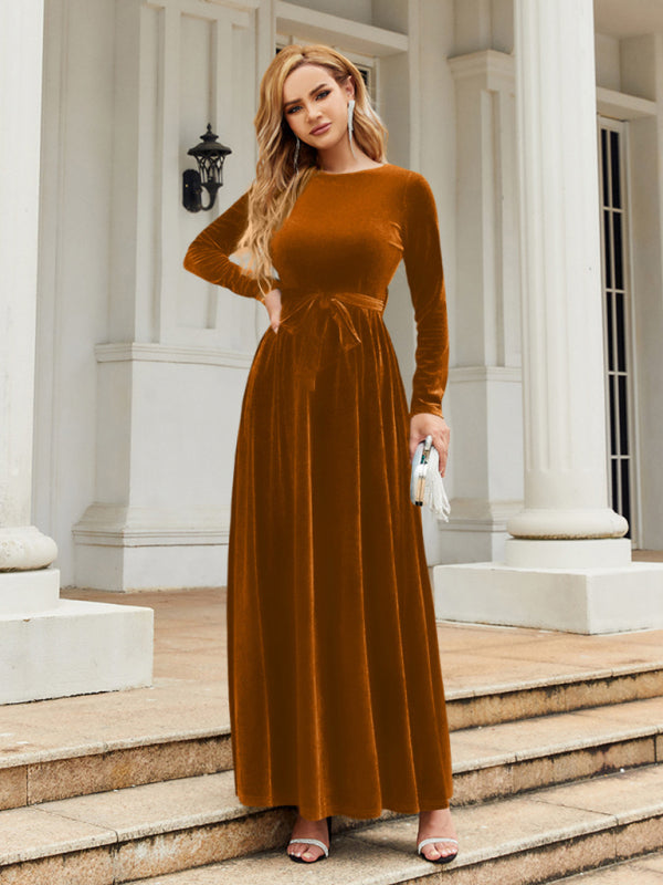 Brown belted round neck velvet dress
