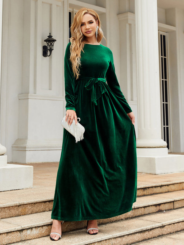 Green belted round neck velvet dress
