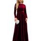 Red belted round neck velvet dress
