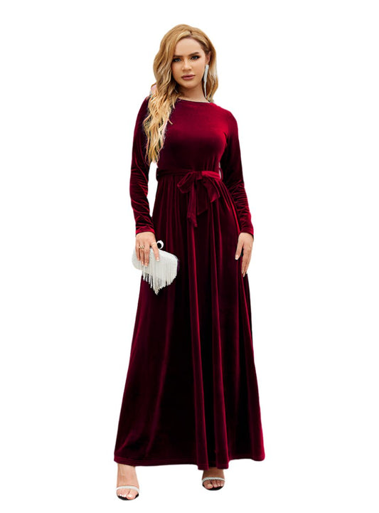 Red belted round neck velvet dress
