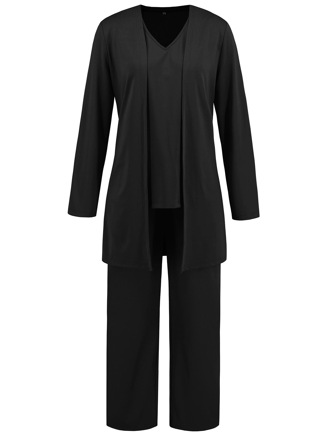 Black 3-piece women's pant suit with a V-neck top, wide-leg pants, and open-front jacket
