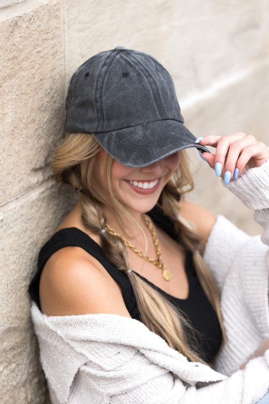 Classic black washed cap for versatile styling
