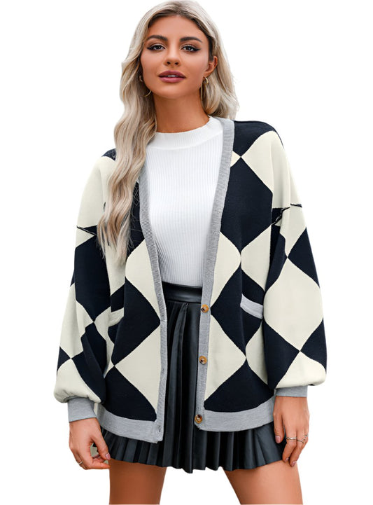 Front view of black and white checkered cardigan with button-up detail
