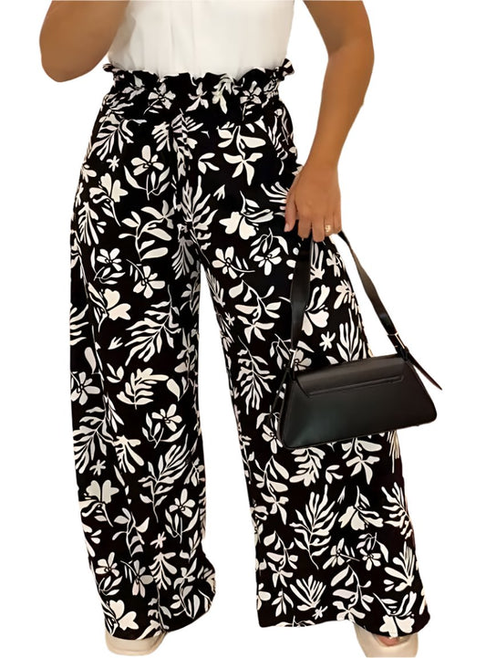 Black and white floral print wide-leg pants with a high-waisted design.