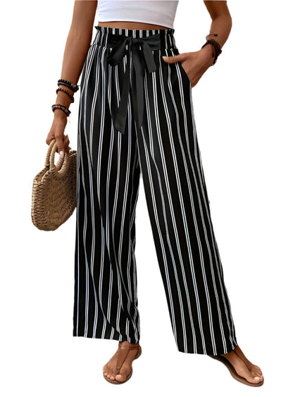 High-waisted black and white striped pants with a flattering fit