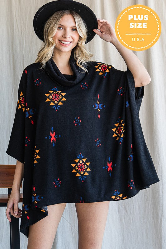 Relaxed-fit black poncho with vibrant Aztec motifs and a cowl neck.