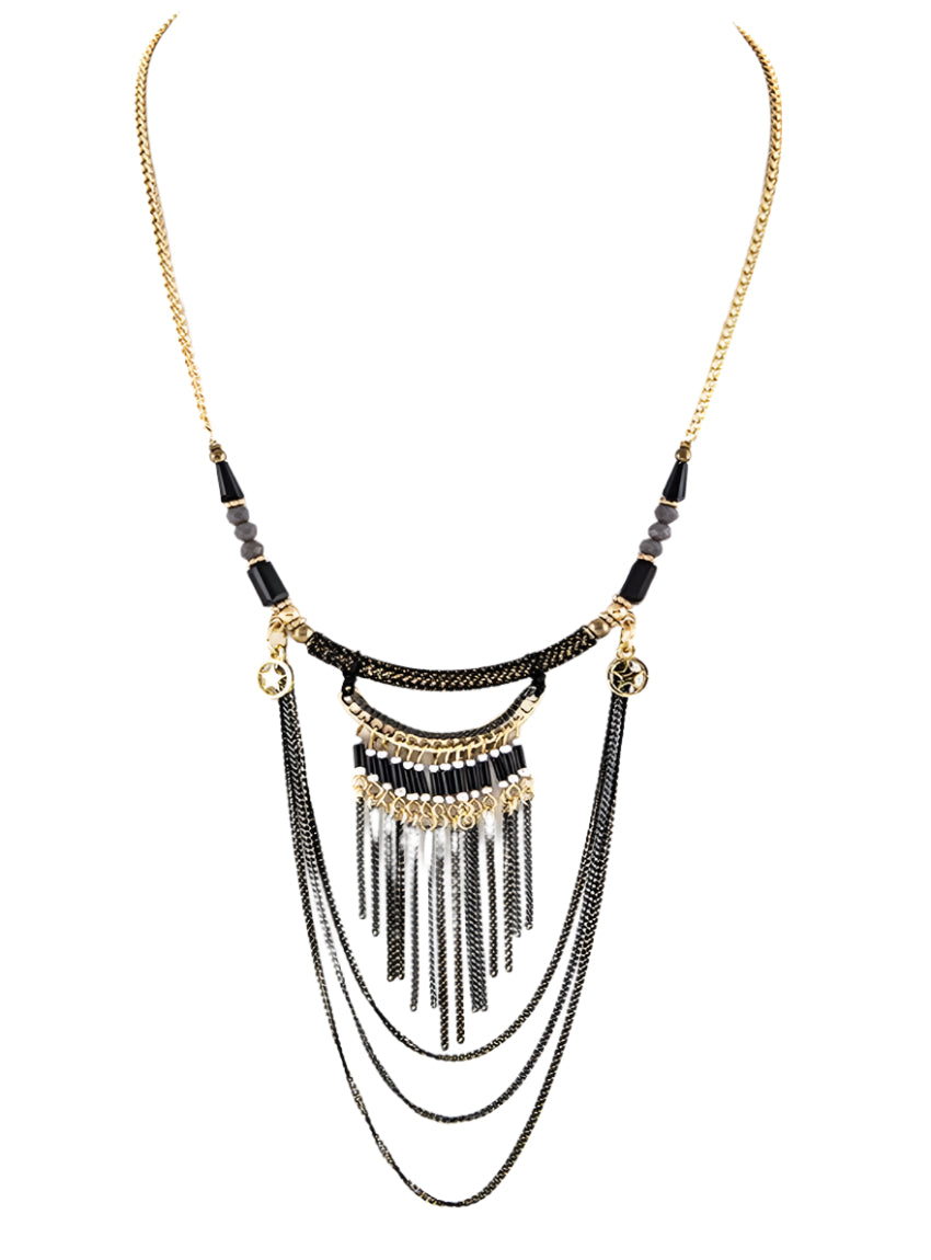 Beads and layer chains necklace in black with delicate bead detailing and cascading chains, perfect for elegant or casual outfits.