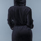 Black belted robe with front patch pockets, long sleeves, and a loose, comfortable fit.
