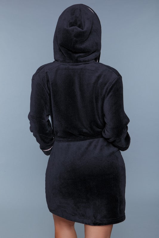 Black belted robe with front patch pockets, long sleeves, and a loose, comfortable fit.
