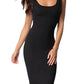 Front view of black bodycon dress with a sleek, form-fitting design.
