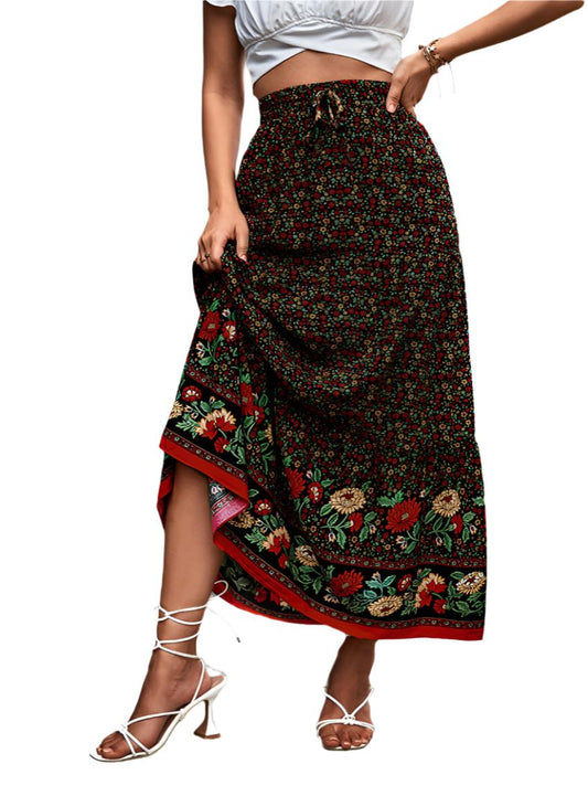 Black bohemian high-waisted skirt designed for a flattering and elegant look.





