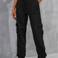 Black buttoned high-waist cargo pants shown in a front view.
