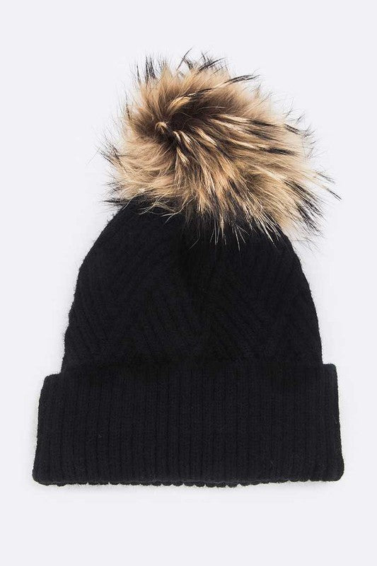 Black knit beanie with removable faux fur pom pom
