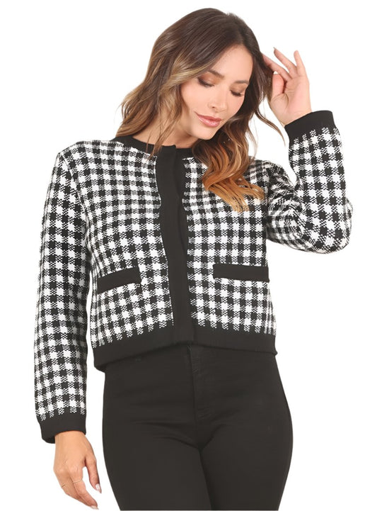 Front view of women’s black checkered knitted snap-button jacket with functional pockets.
