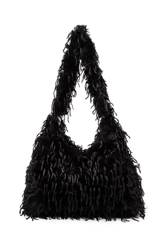 Black faux feather hobo bag with bold slouchy silhouette and snap closure.
