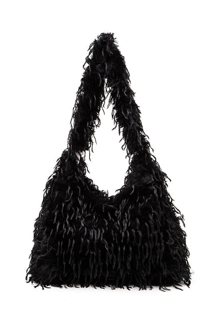 Black faux feather hobo bag with bold slouchy silhouette and snap closure.
