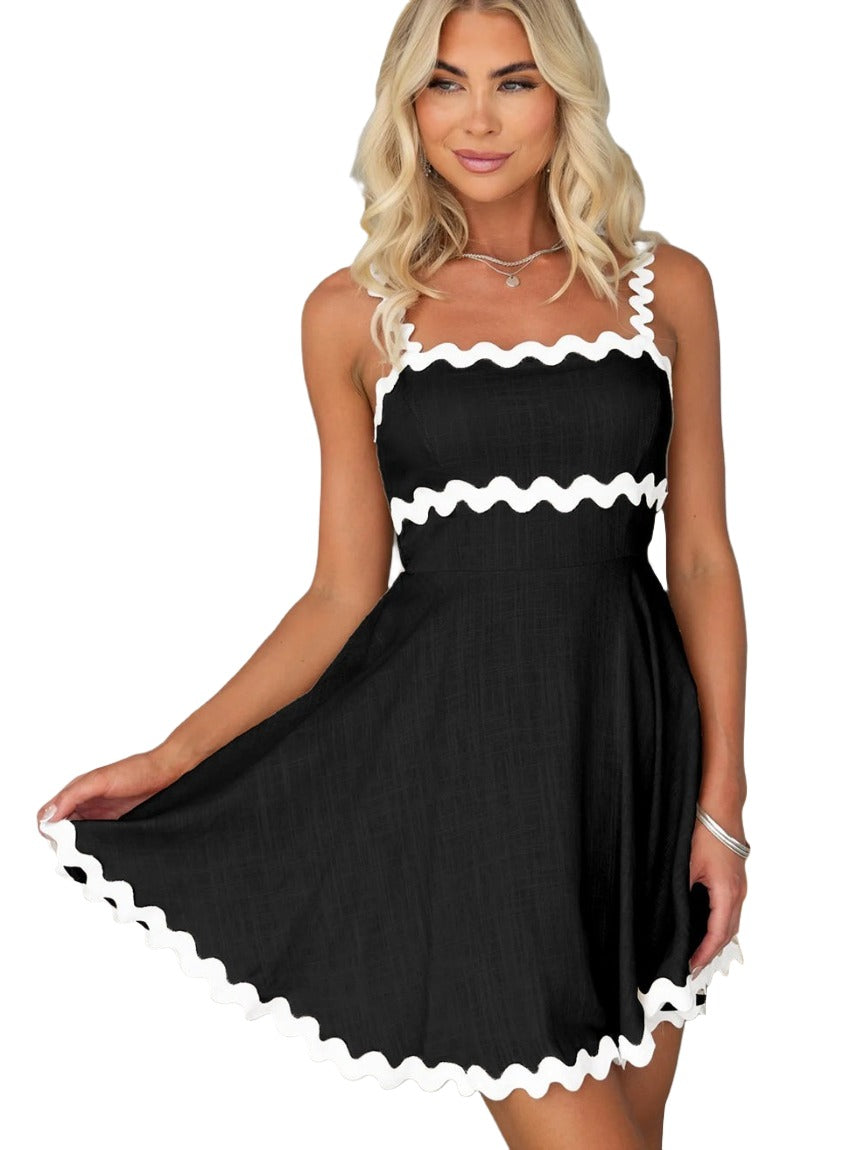 Front view of the black contrast trim square neck mini dress.
