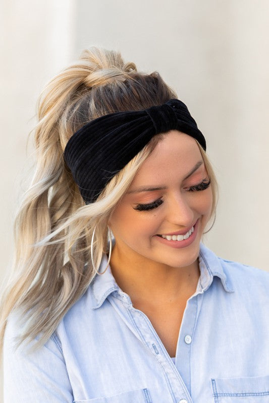 Black Corduroy Knotted Headwrap