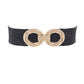 Front view of black faux straw belt with a gold-tone double-circle buckle.
