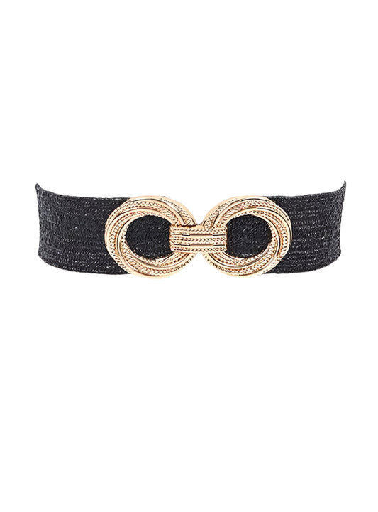 Front view of black faux straw belt with a gold-tone double-circle buckle.
