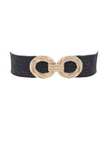 Front view of black faux straw belt with a gold-tone double-circle buckle.
