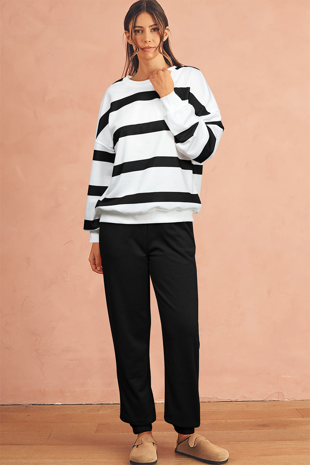 Comfortable two-piece black loungewear set with stripes
