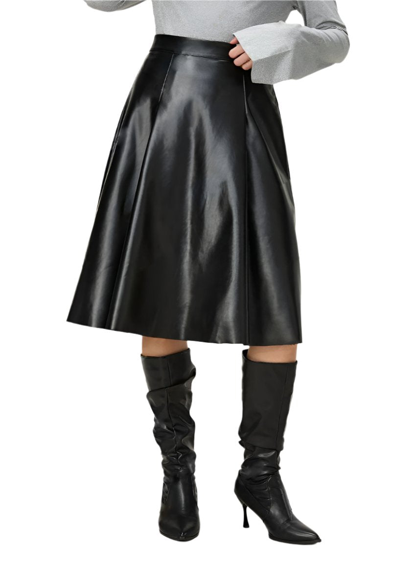 Black faux leather A-line skirt with high-waist fit and smooth finish.
