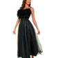 Front view of a black feather sling mesh dress with a tulle overlay and high waist.
