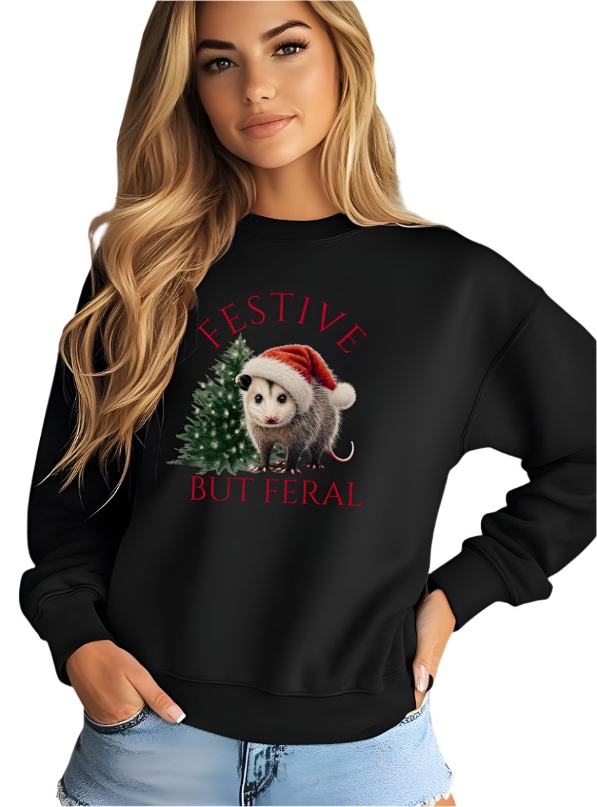 Front view of a black "Festive but Feral" opossum sweatshirt in unisex sizing.
