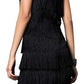 Back view of a black fringe dress with adjustable straps, great for a night out.
