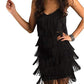 Full-length view of a black flirty fringe dress, ideal for parties or special events.
