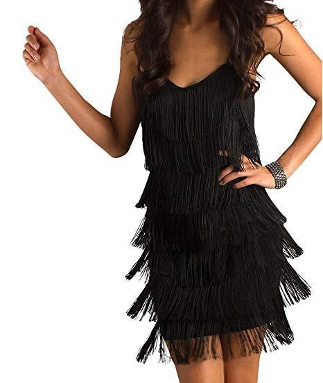 Full-length view of a black flirty fringe dress, ideal for parties or special events.
