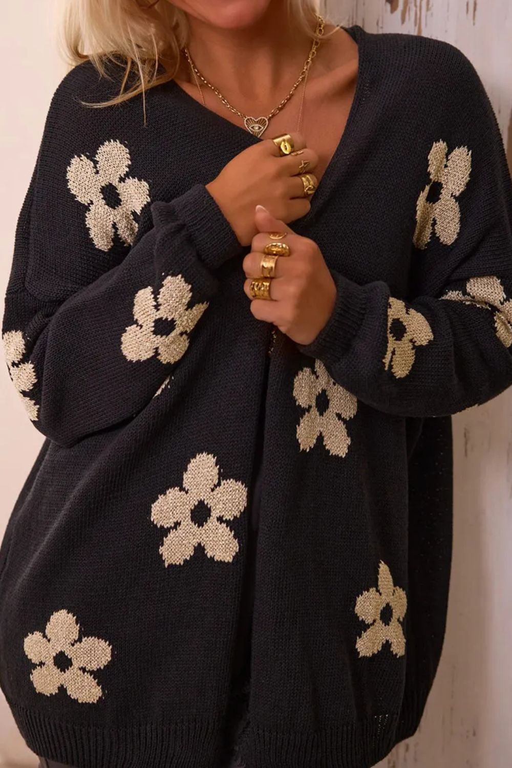 Close-up of black floral cardigan showing flower pattern