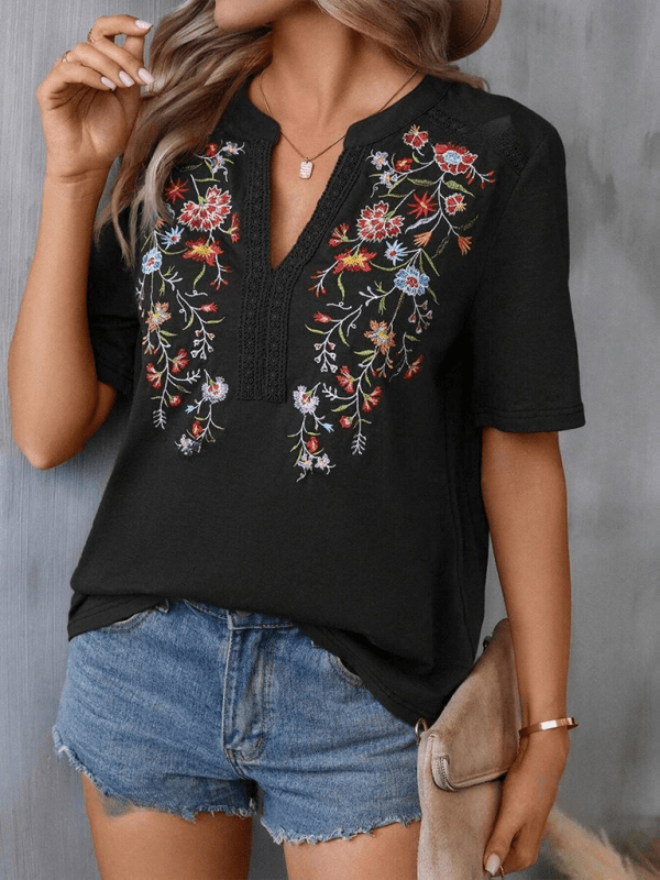 Floral Notched V-Neck Embroidered Woven Blouse | Boho Aesthetic | Appalachian Clothing