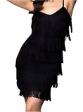 Front view of a black fringe mini dress with adjustable straps, perfect for dancing.
