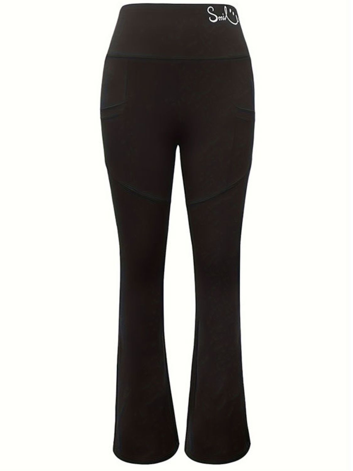 Black high-rise bootcut yoga pants for women, front view.
