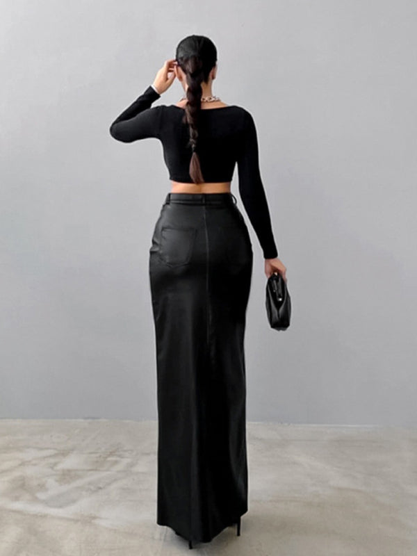 Fashionable black high-waisted leather skirt for women with a front slit.
