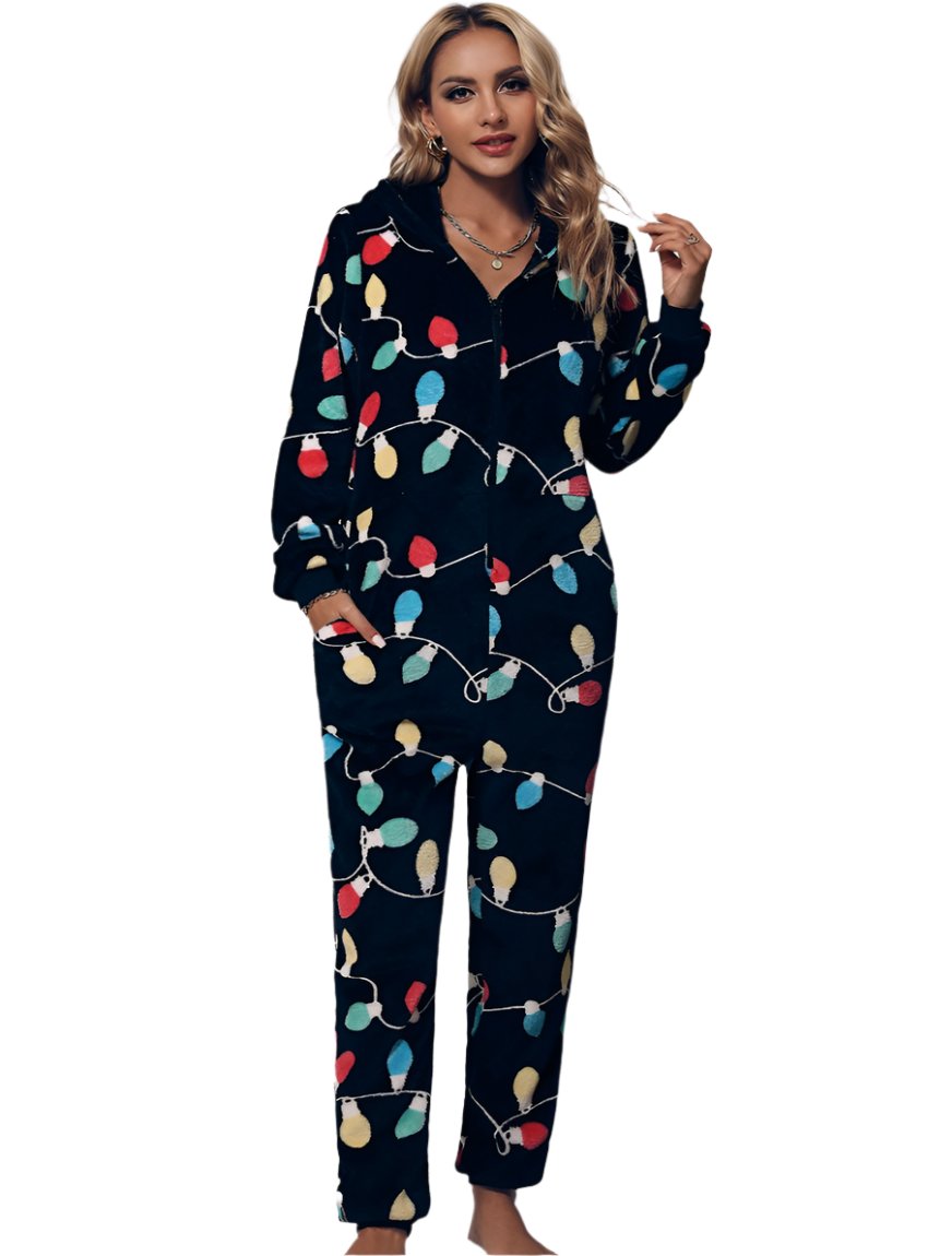 Black zip-front jumpsuit with colorful holiday light print and hood
