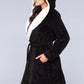 Black hooded fleece robe with a front tie belt and plush faux fur interior.
