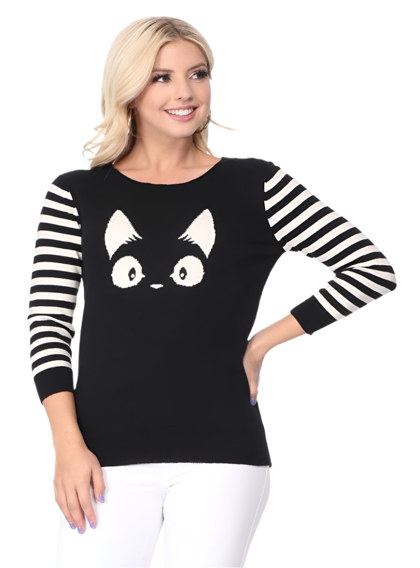 Black cotton kitty face sweater with fun black and white striped sleeves.
