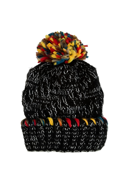 Black knit beanie with colorful yarn and a playful multi-color pom-pom.
