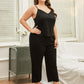 Soft lace-trim sleep set in black, plus-size V-neck top and pants.
