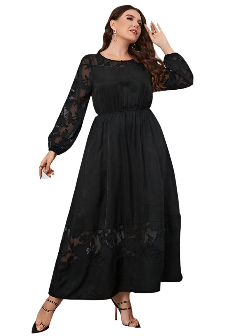 Front view of an elegant black lace long sleeve dress with an over-the-knee length.
