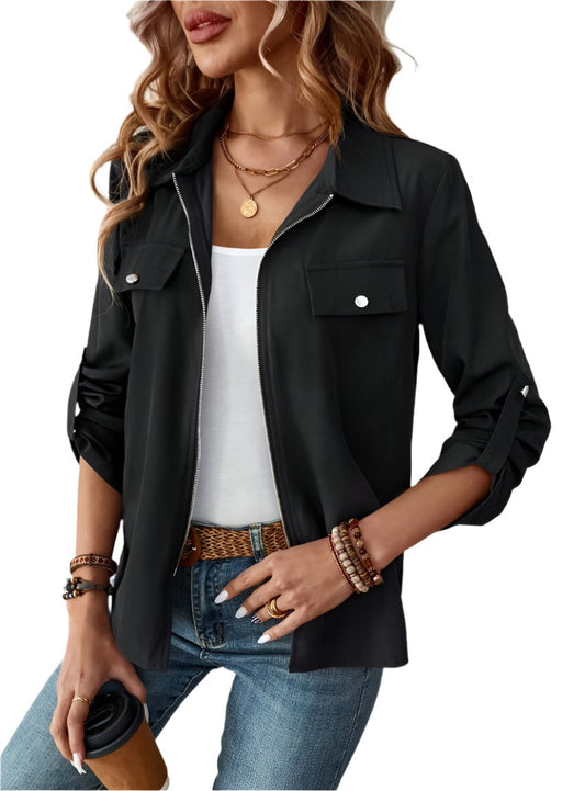 Front view of a black lightweight jacket for women, featuring a zipper front and roll-tab sleeves.
